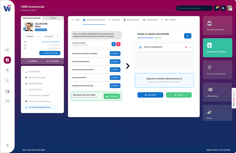 Un Responsable de Conformité peut intervenir depuis Team sur les dossiers de chacun des conseillers